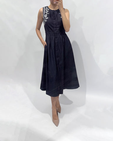 Denim Embroidery Midi Dress, women's dress - Ferlicious Singapore