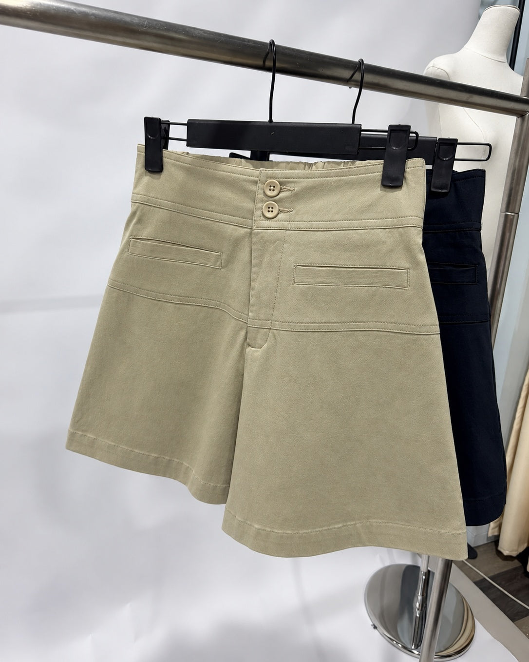 Double Button High Waist Shorts - Beige