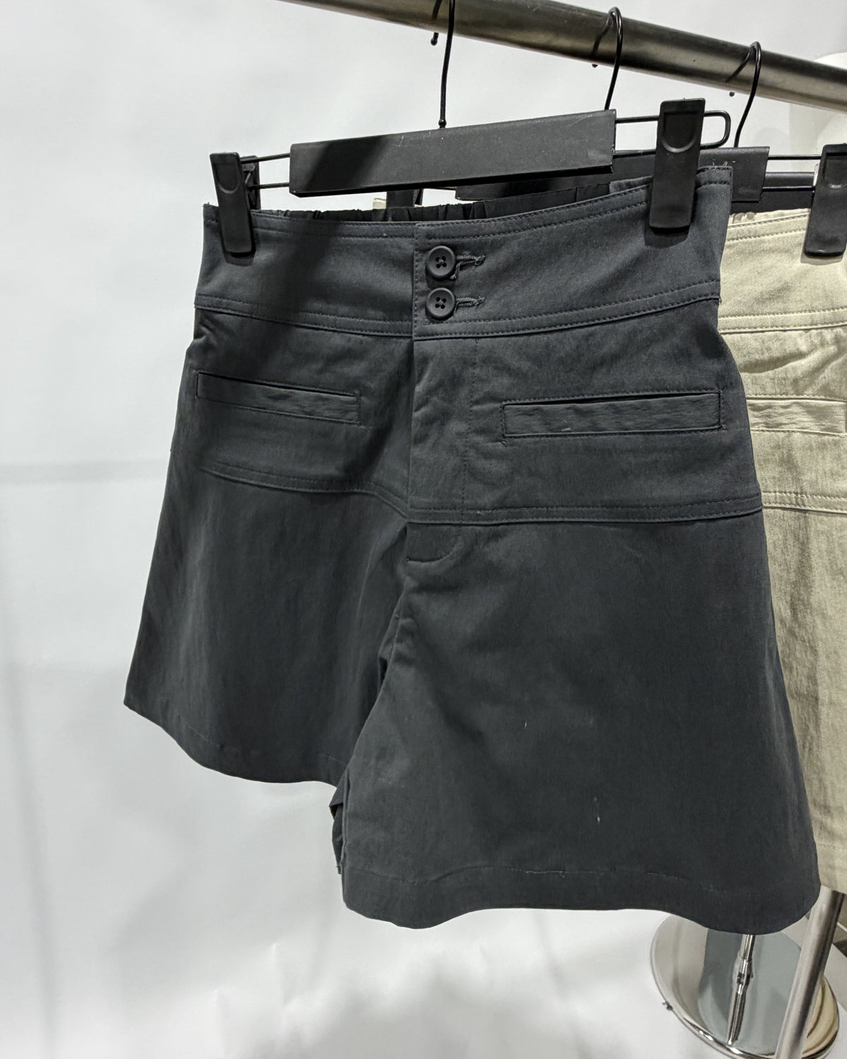 Double Button High Waist Shorts - Grey