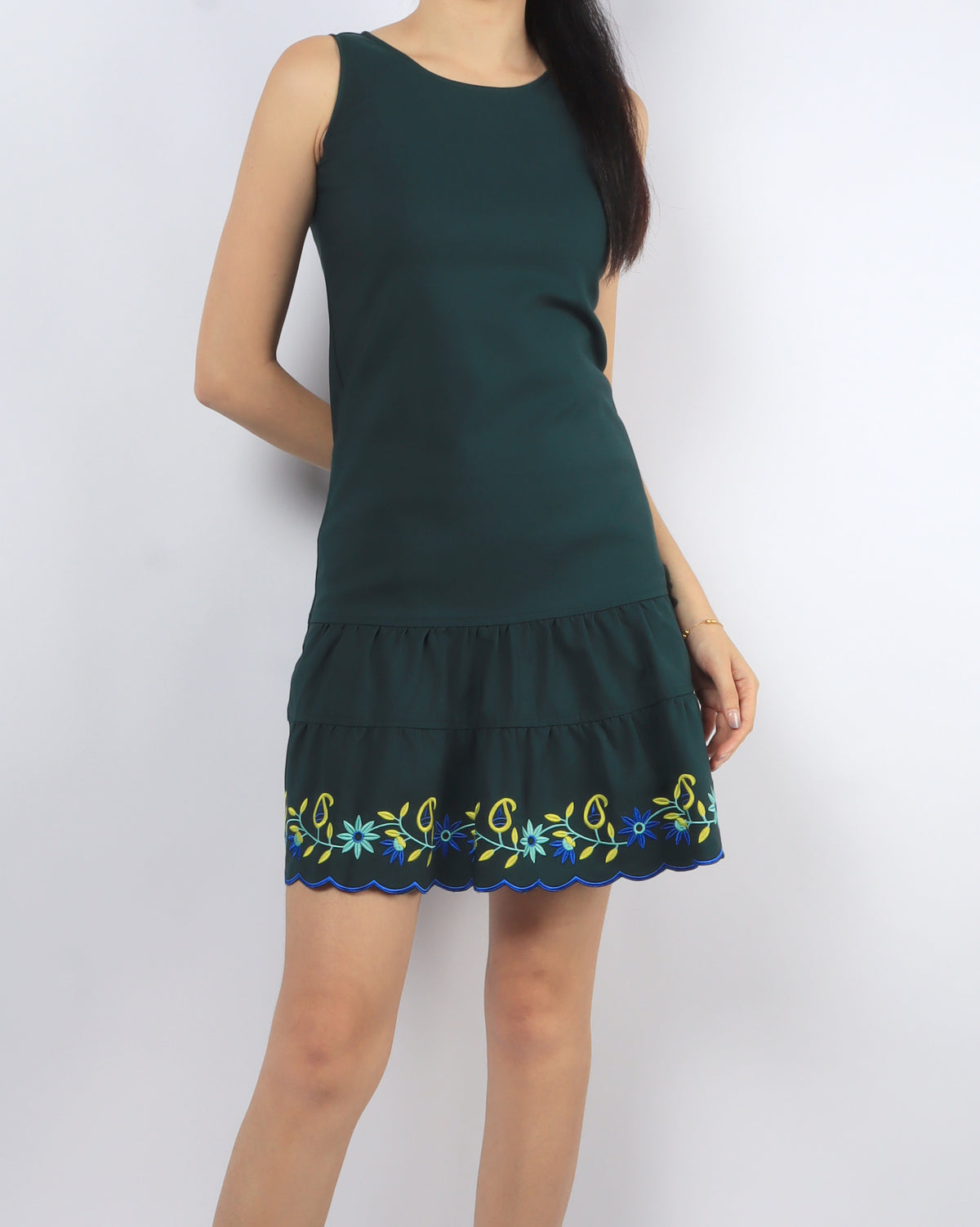 Embroidered Scallop Hem Dress - Forest, women's dress - Ferlicious Singapore