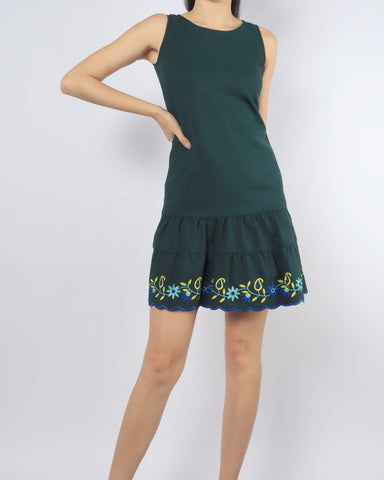 Embroidered Scallop Hem Dress - Forest