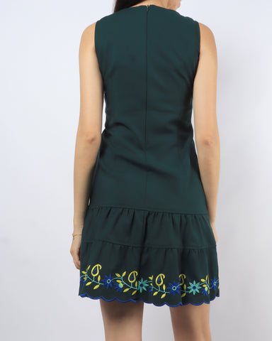Embroidered Scallop Hem Dress - Forest