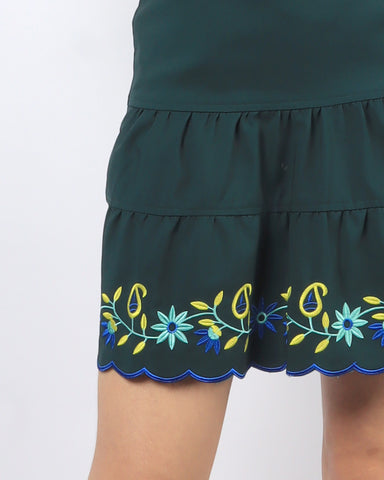 Embroidered Scallop Hem Dress - Forest