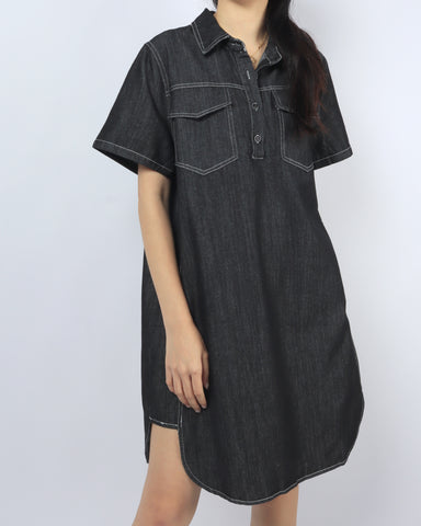 Flap Pocket Denim Shirt Dress