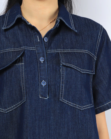 Flap Pocket Denim Shirt Dress