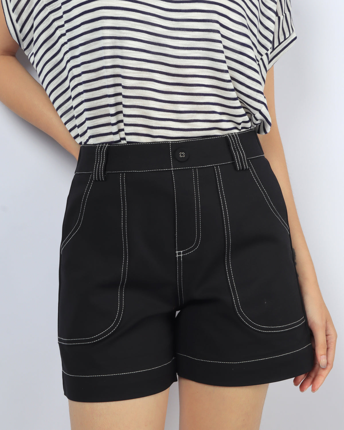 Contrast Stitch Shorts - Black, women's shorts - Ferlicious Singapore