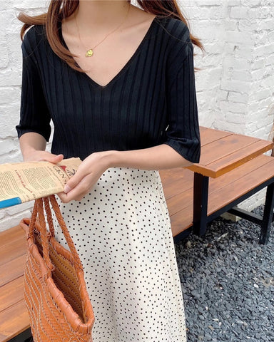 Ice Silk Ribbed V Neck Tee