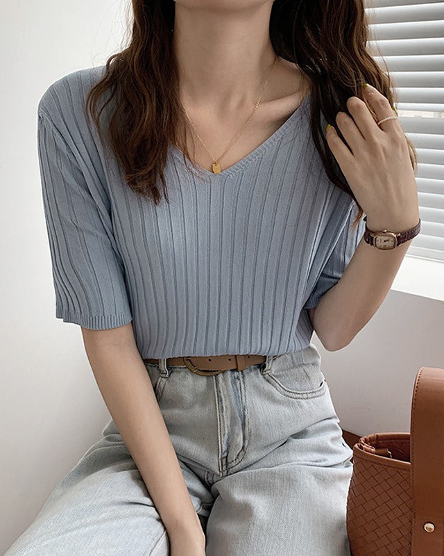 Ice Silk Ribbed V Neck Tee - Ferlicious Singapore (view 2)
