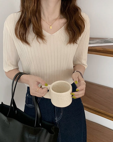 Ice Silk Ribbed V Neck Tee
