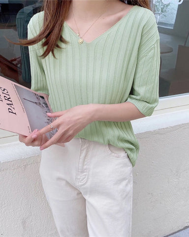 Ice Silk Ribbed V Neck Tee