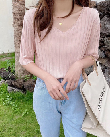 Ice Silk Ribbed V Neck Tee