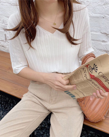 Ice Silk Ribbed V Neck Tee