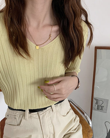 Ice Silk Ribbed V Neck Tee