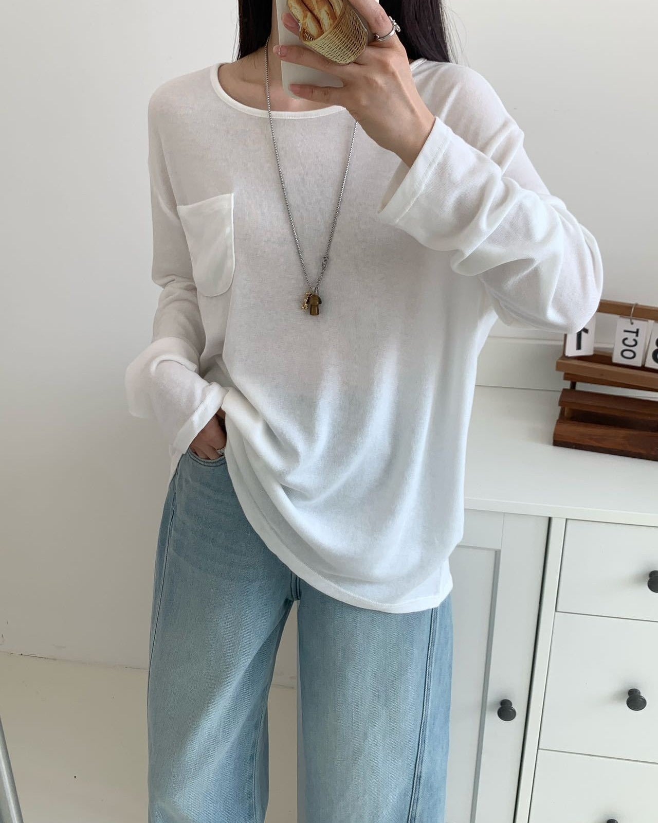 Lyocell Linen Pocket Long Sleeve Top - White