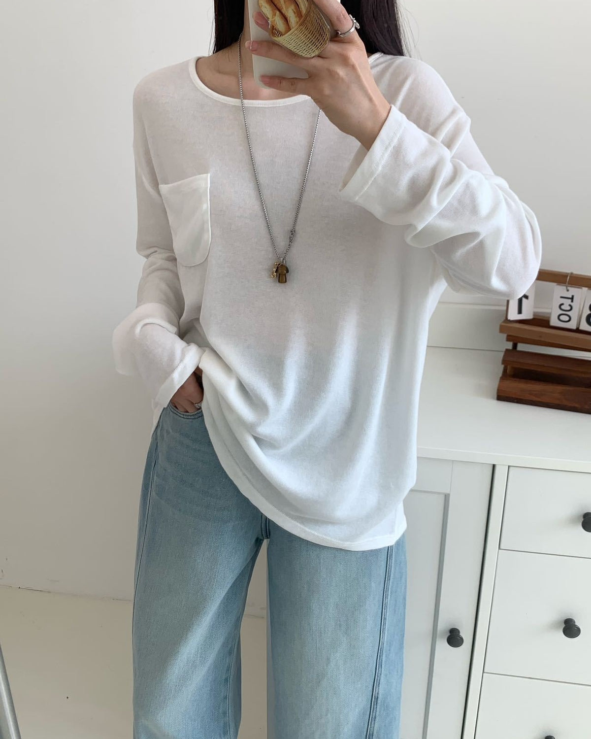Lyocell Linen Pocket Long Sleeve Top - White