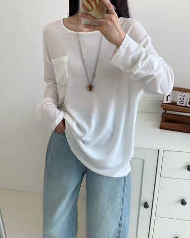Lyocell Linen Pocket Long Sleeve Top - White