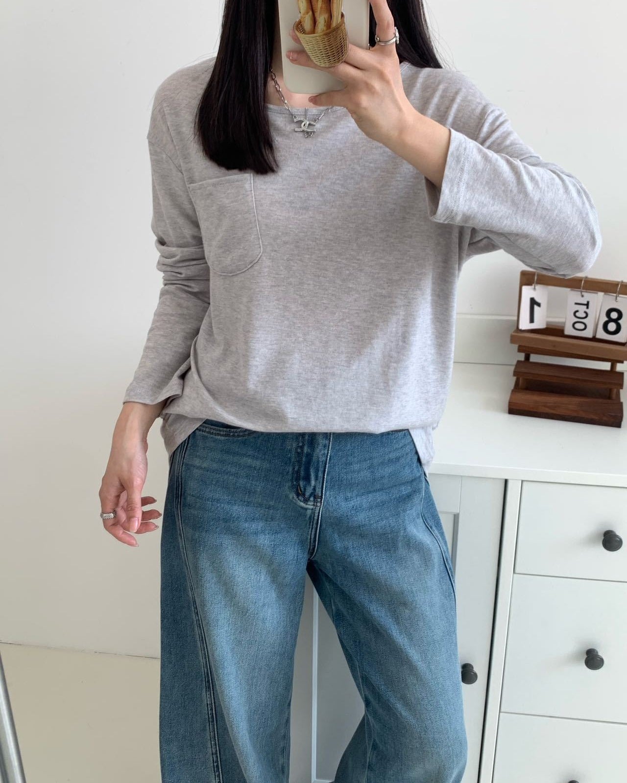 Lyocell Linen Pocket Long Sleeve Top - Grey