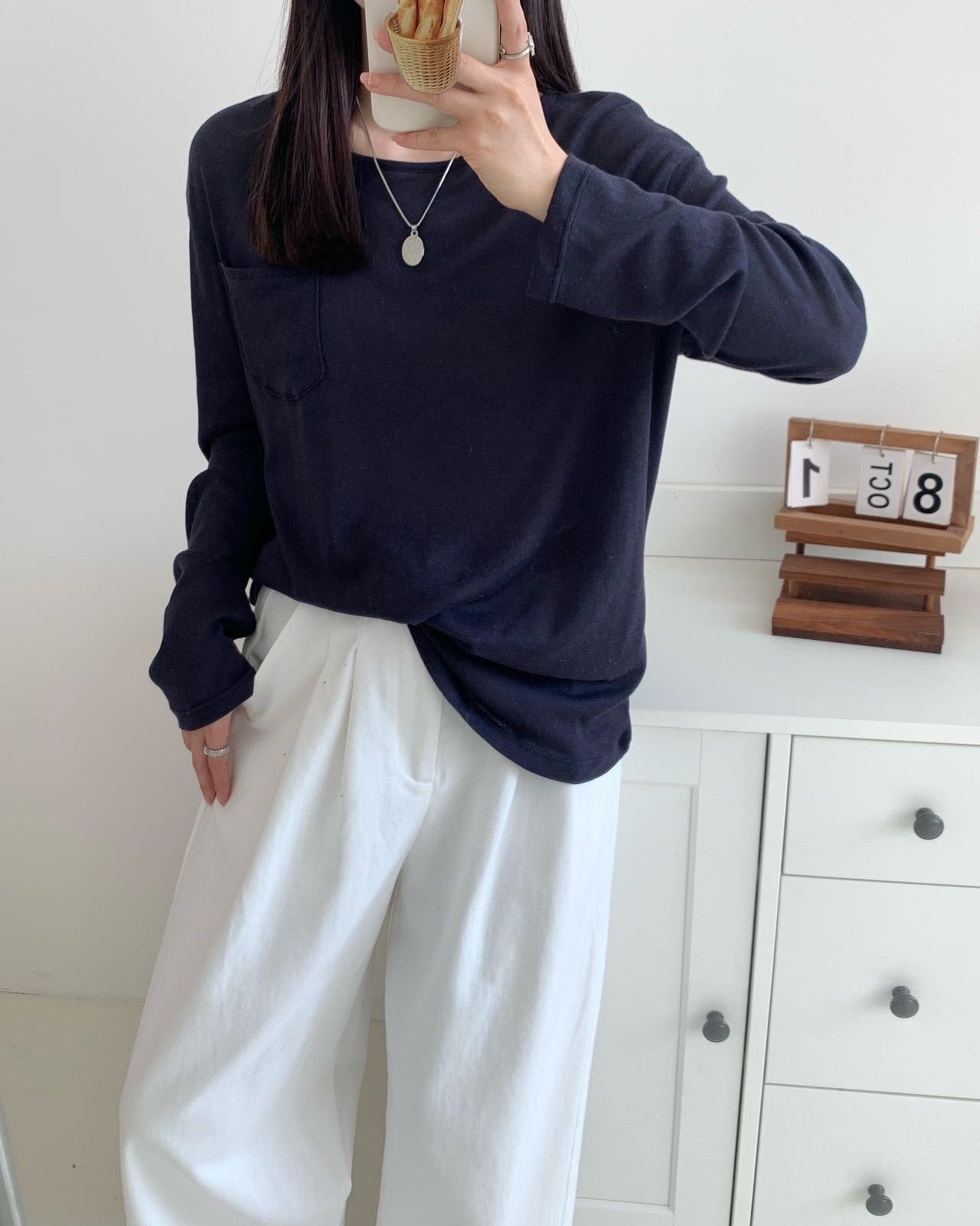 Lyocell Linen Pocket Long Sleeve Top - Navy