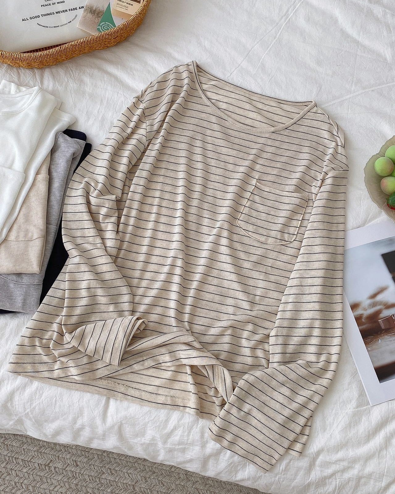Lyocell Linen Pocket Long Sleeve Top - Beige Stripe