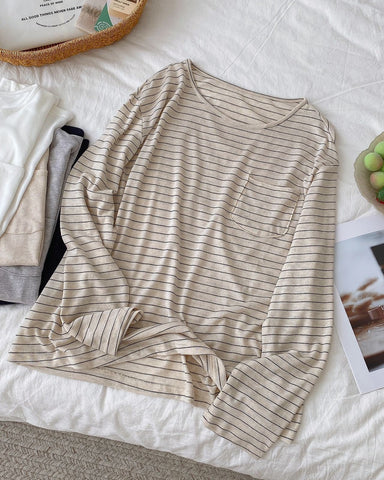 Lyocell Linen Pocket Long Sleeve Top - Beige Stripe