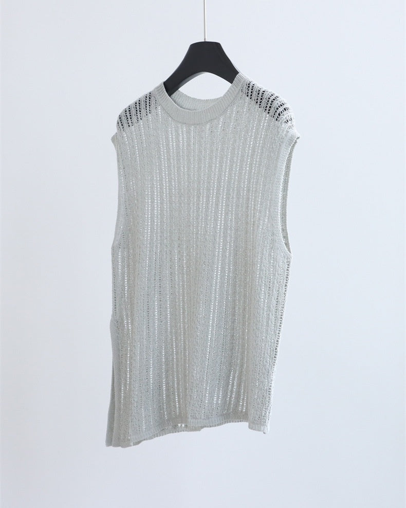 Open Knit Slit Hem Vest - Blue Grey