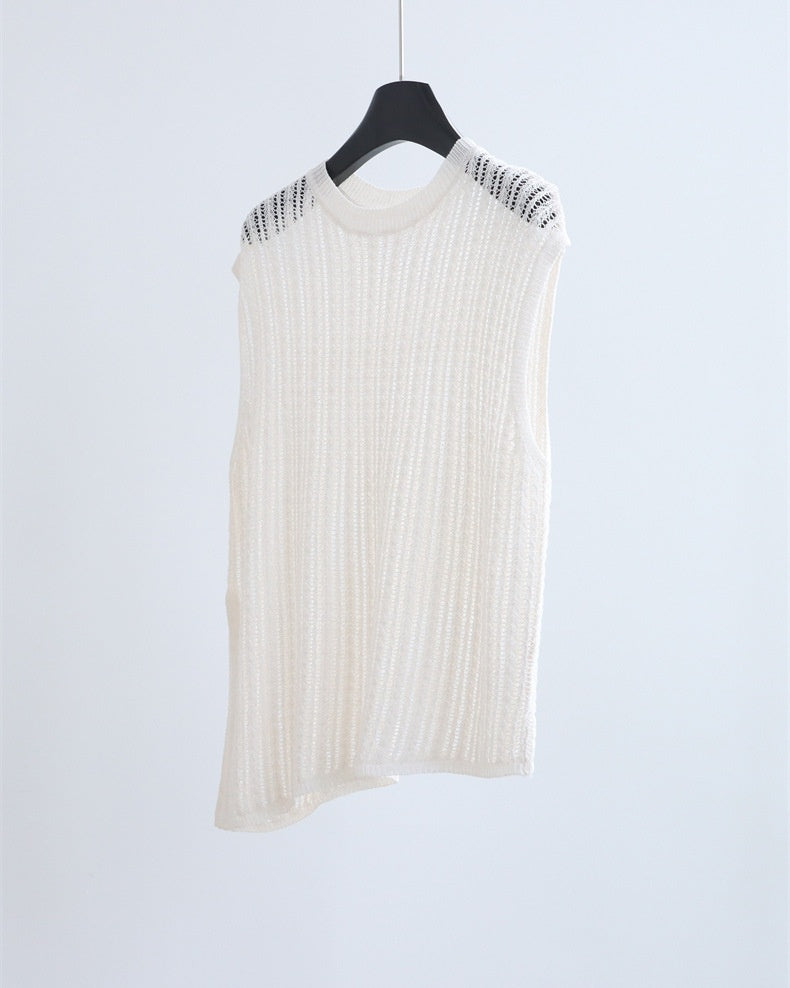 Open Knit Slit Hem Vest - Apricot
