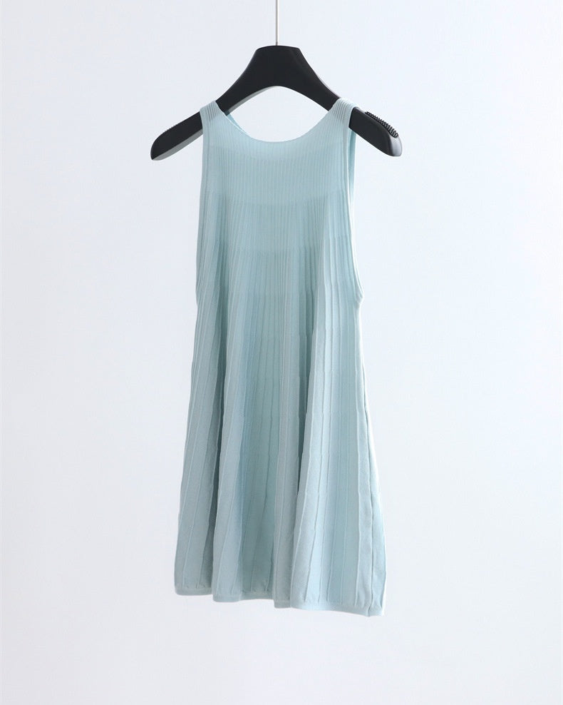 Pleated A Line Knit Tank - Lake Blue