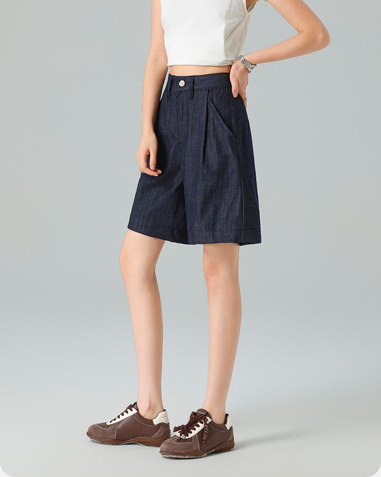 Pleated Front Denim Shorts in denim blue, Ferlicious Singapore