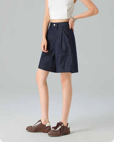 Pleated Front Denim Shorts in denim blue, Ferlicious Singapore