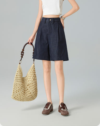 Pleated Front Denim Shorts in denim blue, Ferlicious Singapore