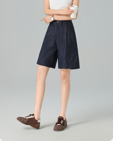 Pleated Front Denim Shorts in denim blue, Ferlicious Singapore