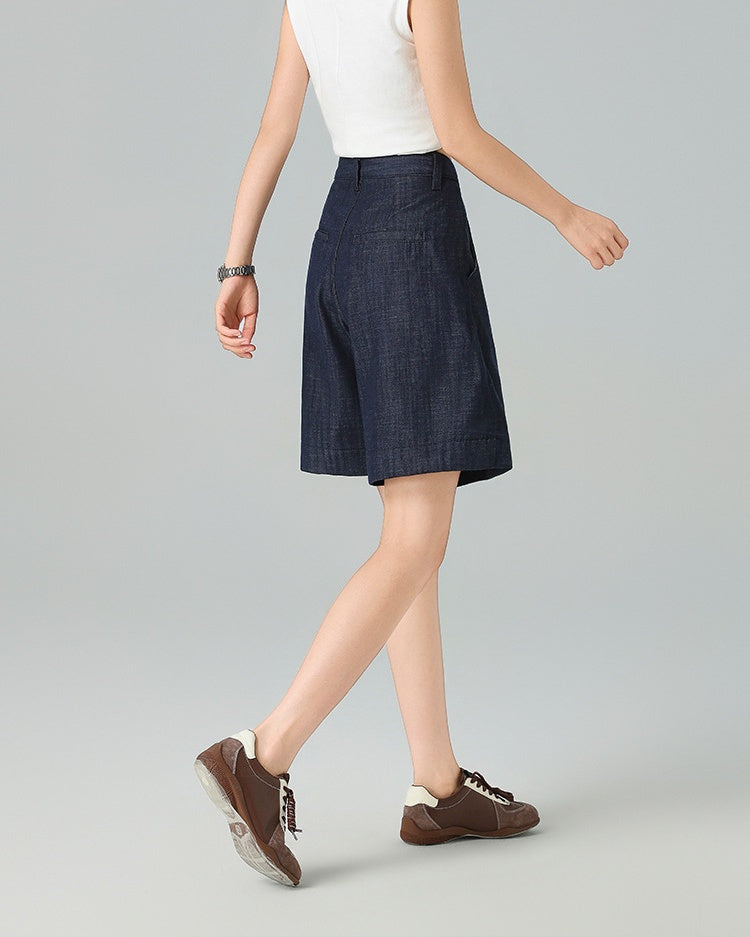 Pleated Front Denim Shorts in denim blue, Ferlicious Singapore