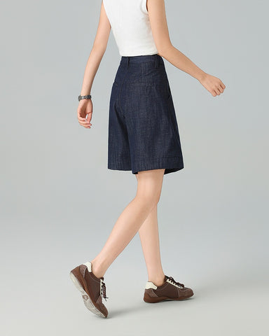 Pleated Front Denim Shorts in denim blue, Ferlicious Singapore