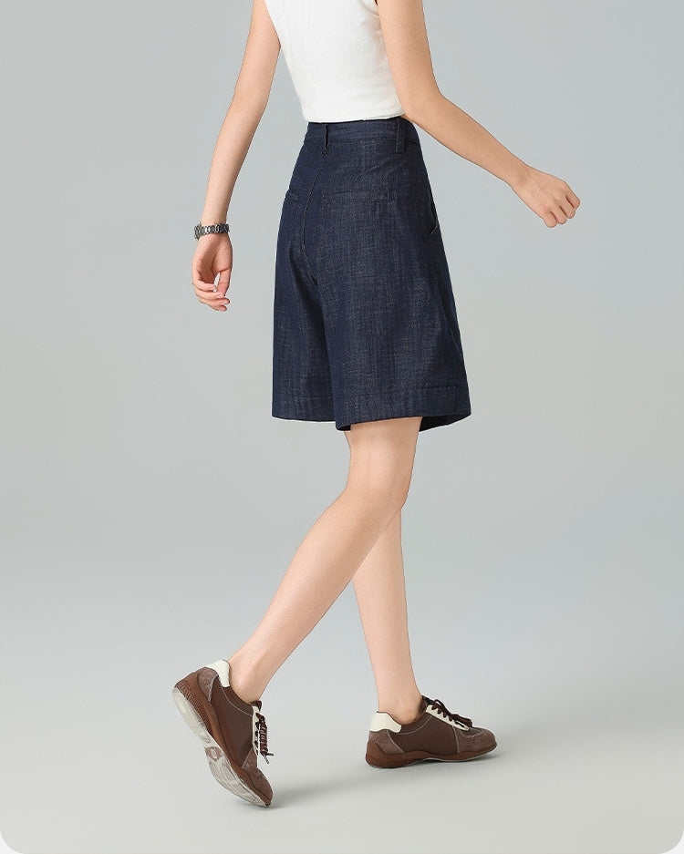 Pleated Front Denim Shorts in denim blue, Ferlicious Singapore