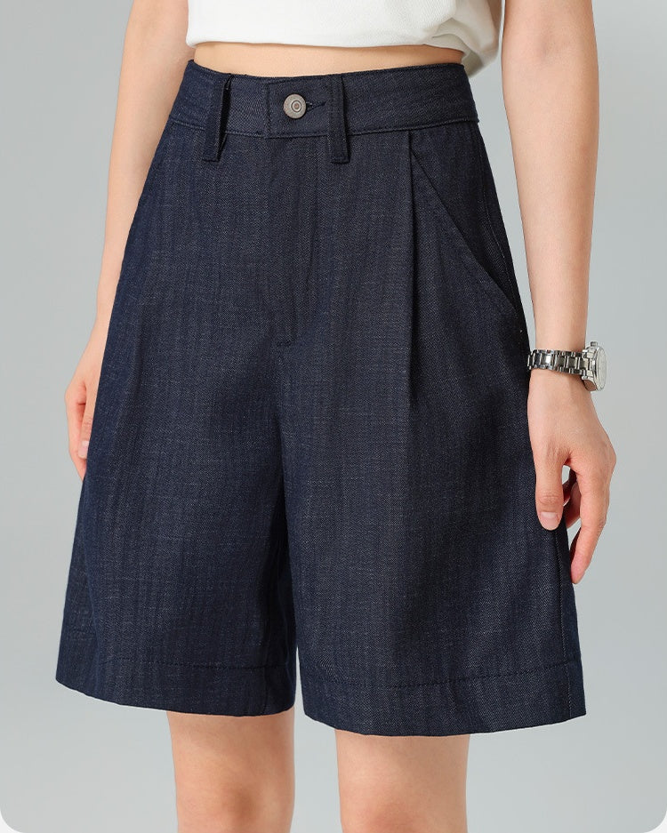 Pleated Front Denim Shorts in denim blue, Ferlicious Singapore