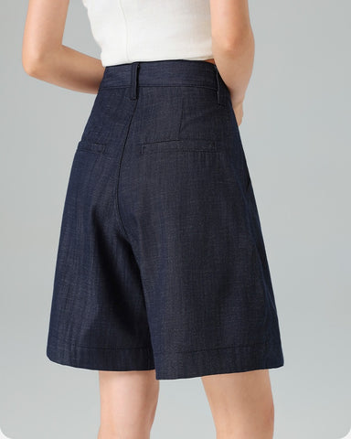 Pleated Front Denim Shorts in denim blue, Ferlicious Singapore