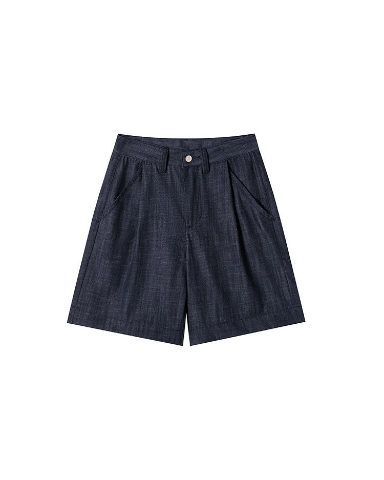 Pleated Front Denim Shorts in denim blue, Ferlicious Singapore
