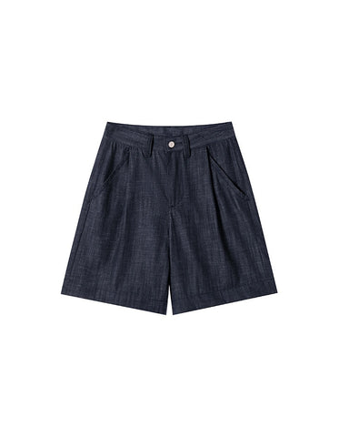 Pleated Front Denim Shorts in denim blue, Ferlicious Singapore