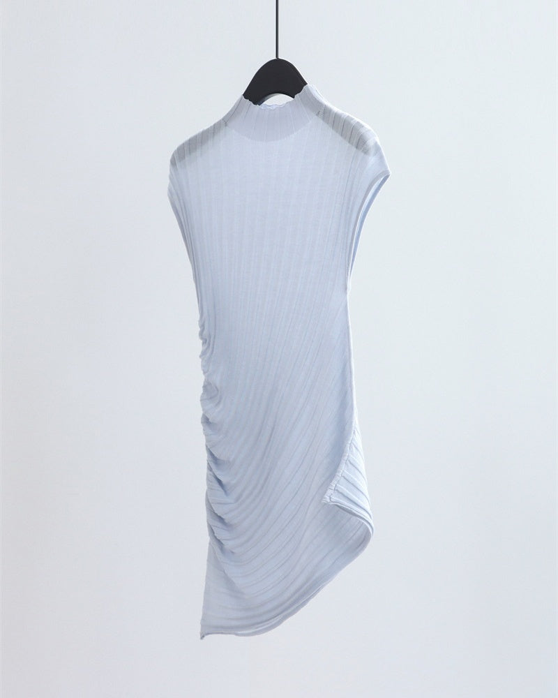 Ribbed Asymmetric Mock Neck Knit Top - Misty Blue