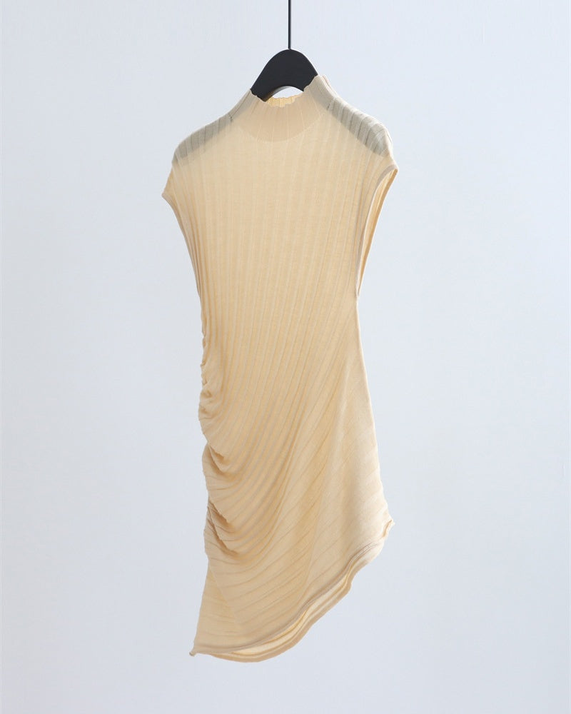 Ribbed Asymmetric Mock Neck Knit Top - Light Khaki