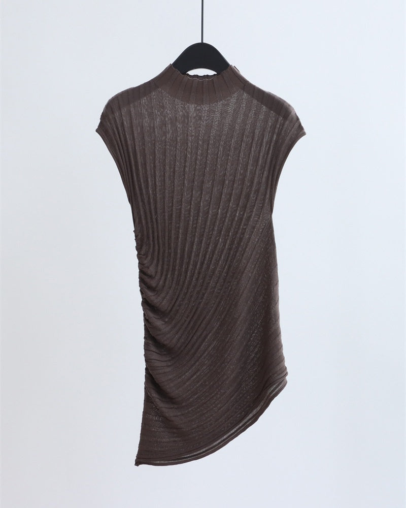 Ribbed Asymmetric Mock Neck Knit Top - Brown