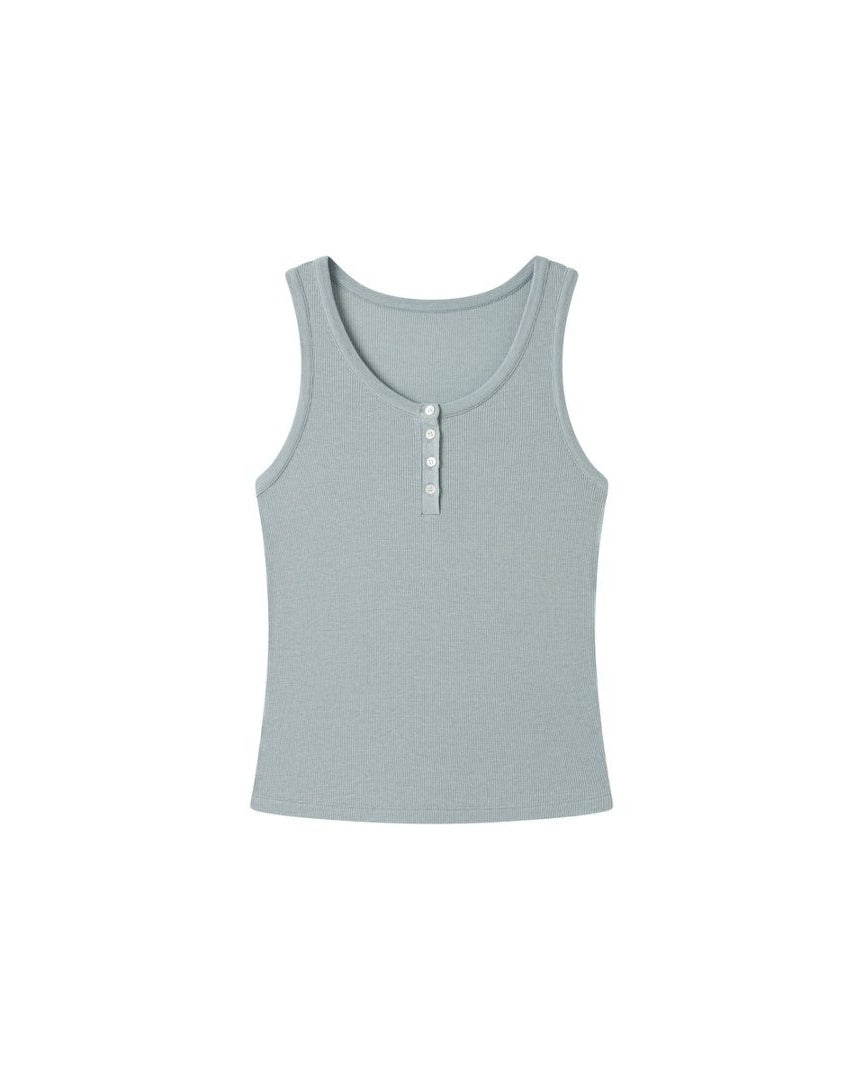 Ribbed Henley Tank - Grey Blue
