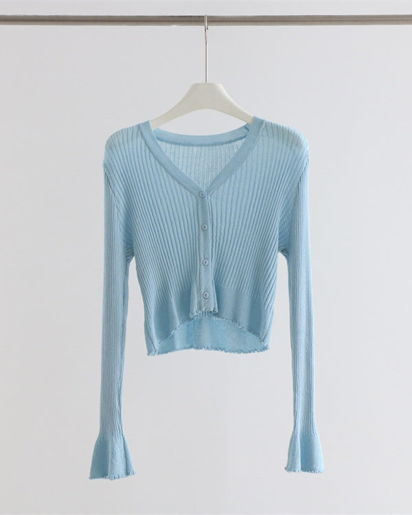 Ribbed Knit Cropped Cardigan - Blue
