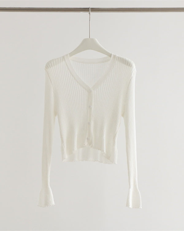 Ribbed Knit Cropped Cardigan - White