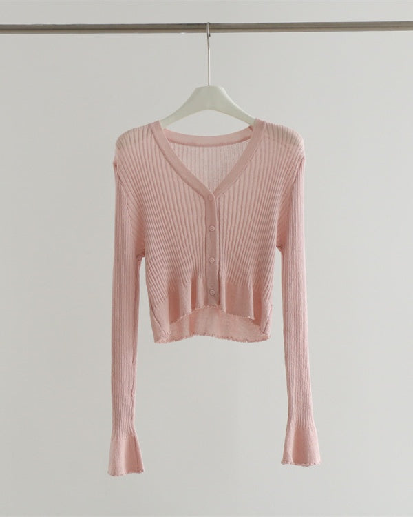 Ribbed Knit Cropped Cardigan - Pink