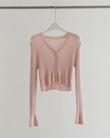 Ribbed Knit Cropped Cardigan - Pink