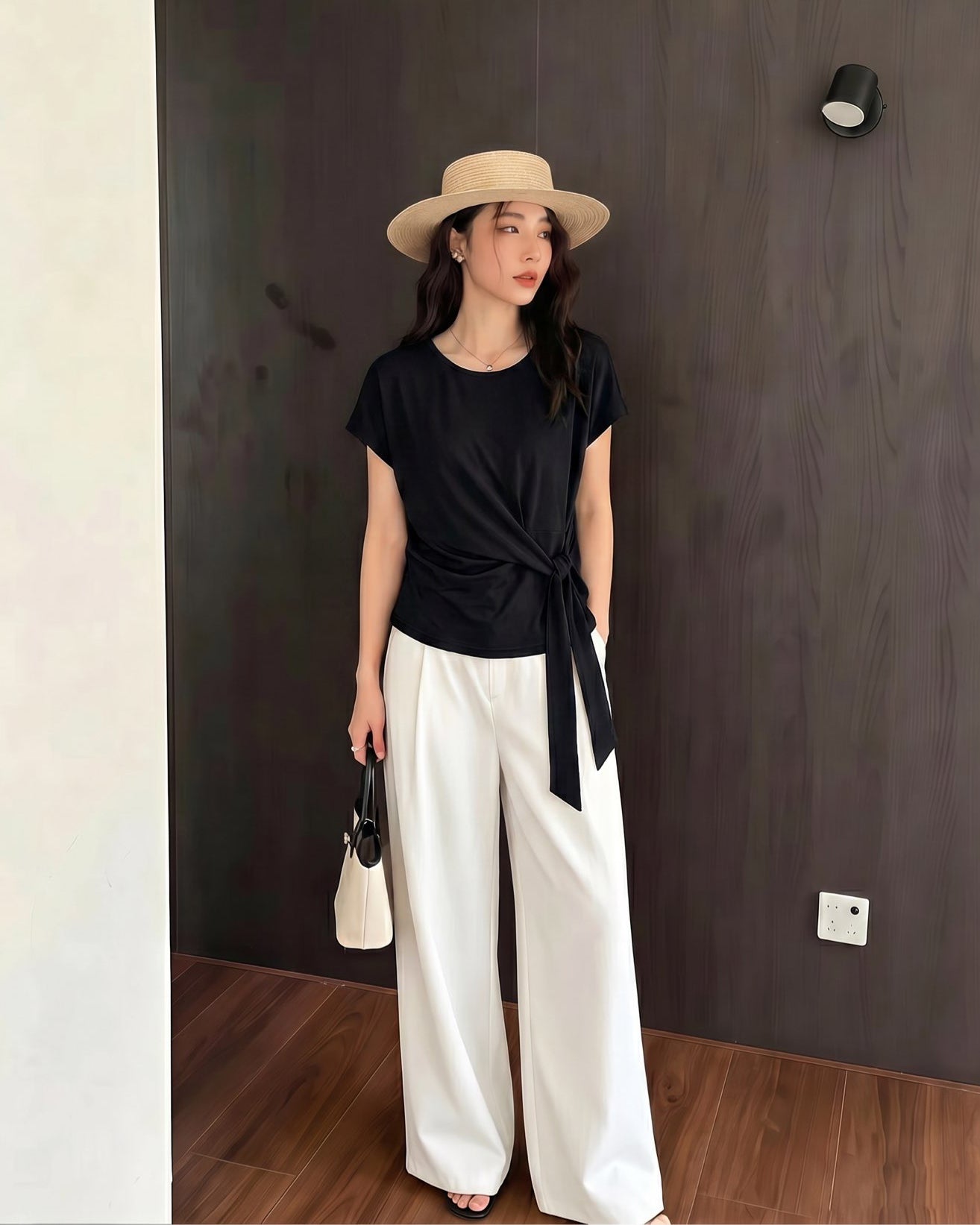 Side Tie Knot Top Black full outfit