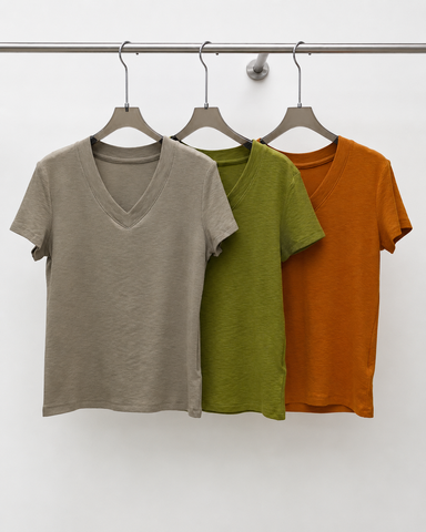Slub Cotton V Neck Tee Khaki colour range