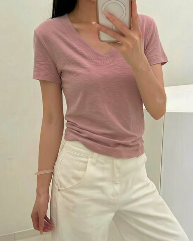 Slub Cotton V Neck Tee Light Pink front view