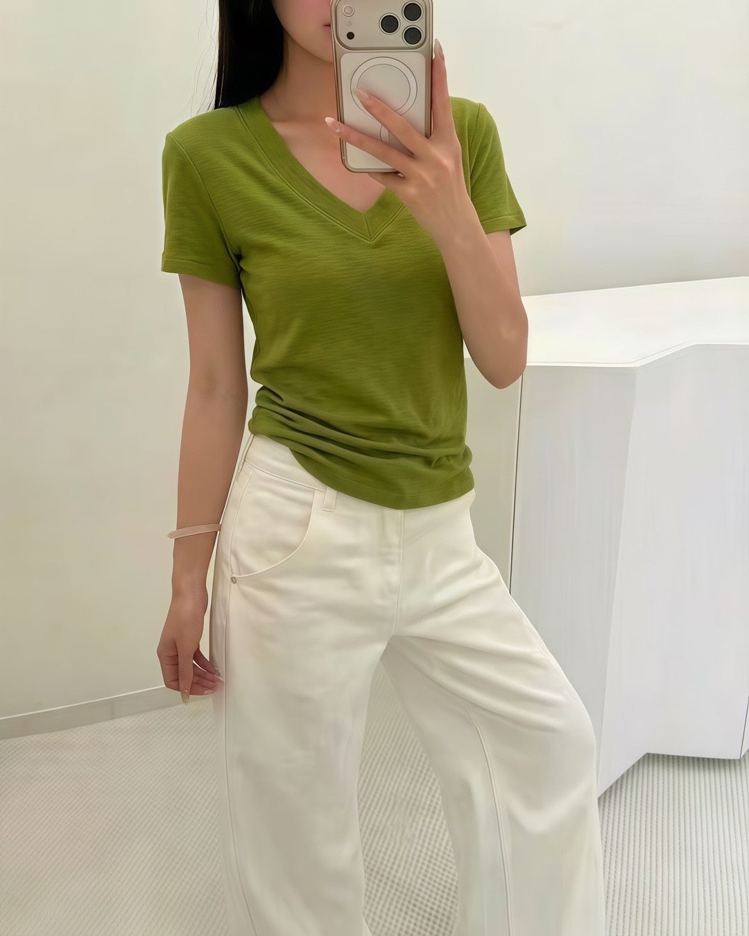 Slub Cotton V Neck Tee Mustard Green front view